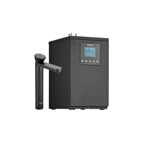 Black rectangular water heater/boiler with a blue LCD display and a separate handheld control wand.