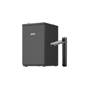 Dark gray compact cabinet or safe with a tall black beverage tap extending from its side.