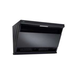 Black wall-mounted kitchen range hood with an angled canopy and vent slits at the bottom.