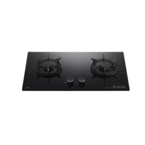 Black glass, two-burner gas cooktop with center controls (knobs) in the middle of the surface.