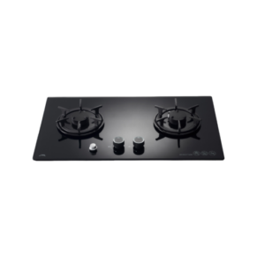 Black glass gas cooktop with two burners and central control knobs on a sleek surface.