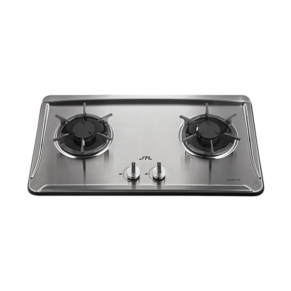 Portable stainless steel two-burner gas stove with left and right burners and two center knobs