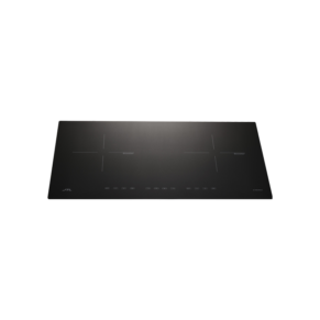 Black glass induction cooktop with touch controls and two cooking zones on a sleek surface (JTL brand)