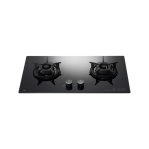 Black glass two-burner gas cooktop with two center knobs on a glossy surface