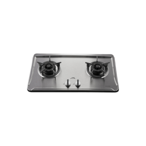 Two-burner stainless steel gas stove with centered control knobs on a flat surface.