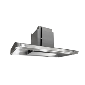 Stainless steel wall‑mounted range hood with a tall exhaust chimney and integrated lighting underneath the hood