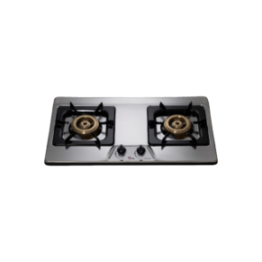 Stainless steel two-burner gas cooktop with black grates and control knobs in the center