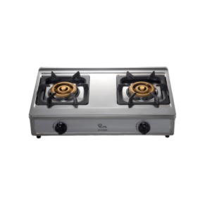 Two-burner stainless steel gas stove with brass burners, black cast-iron grates, and front control knobs on a grey body.