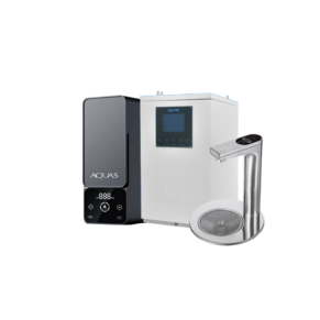 Home water filtration system with a sleek black purifier unit, white main unit with a digital display, and a chrome faucet on a round base.