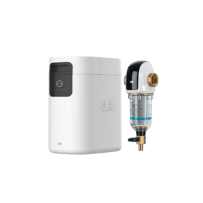 3M water filtration system with a white main unit and replaceable filter cartridge on the side, ready for installation.