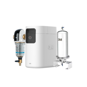 3M water filtration system with main unit, filter housing, and tall cylindrical tank on a white background