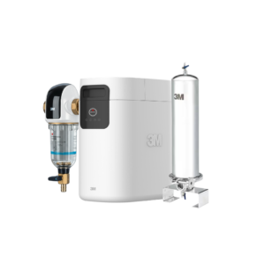 3M water filtration system with a white cylindrical storage tank, a glass-filter housing on the left, and a tall metal canister on the right.