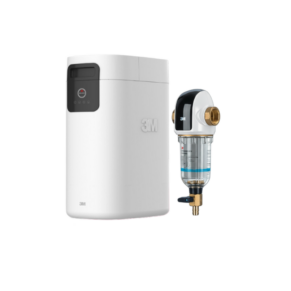 3M home water filtration system with a white main unit and attached filter cartridge.