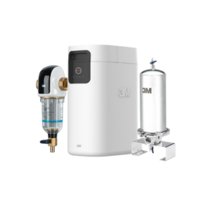 3M residential water filtration system: cartridge filter on the left, central white unit in the middle, and a metal pressure tank on the right
