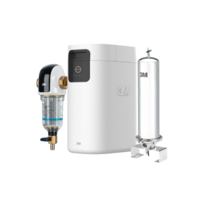 3M home water filtration system with main white unit, left filter housing, and tall pressurized tank on the right