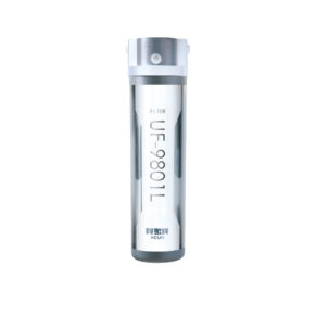 Cylindrical water filter cartridge with a white top and silver body, labeled UF-9801L near the center.