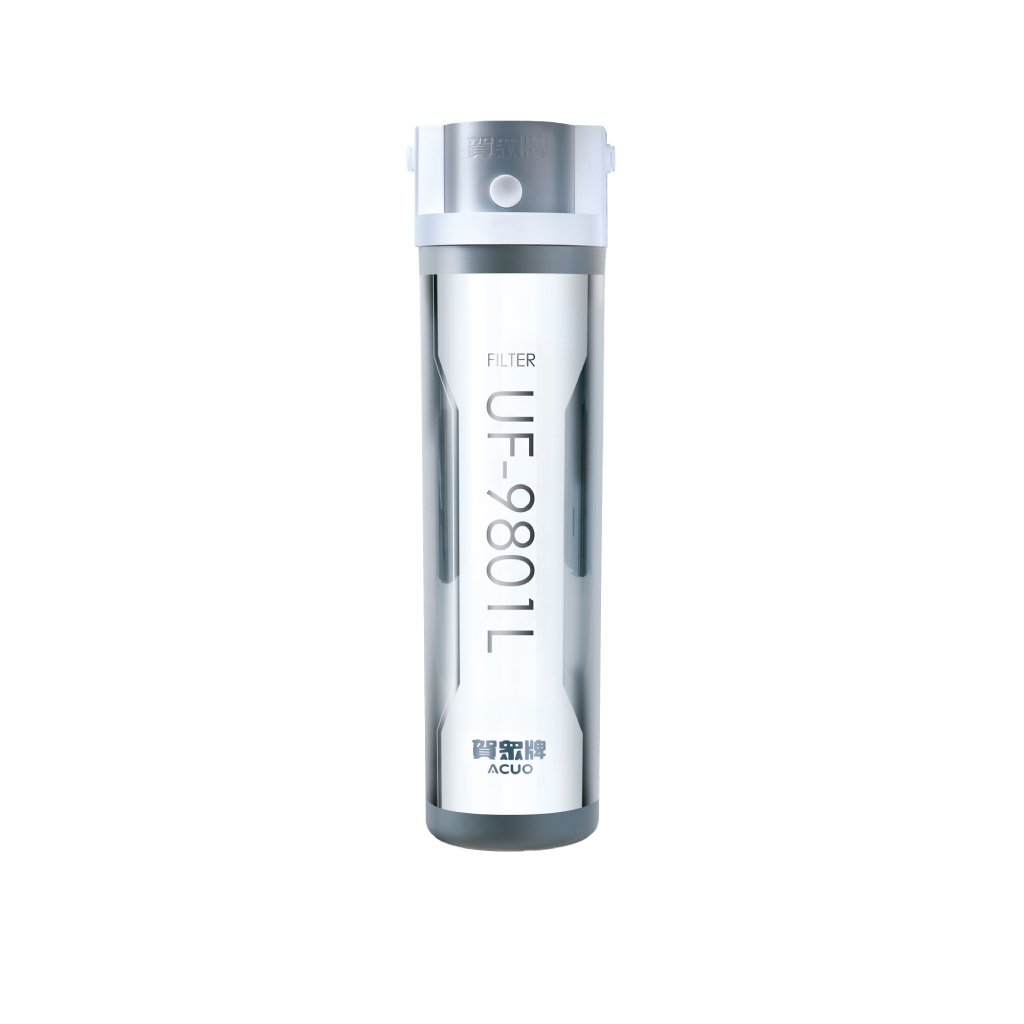 Cylindrical water filter cartridge with a white top and silver body, labeled UF-9801L near the center.
