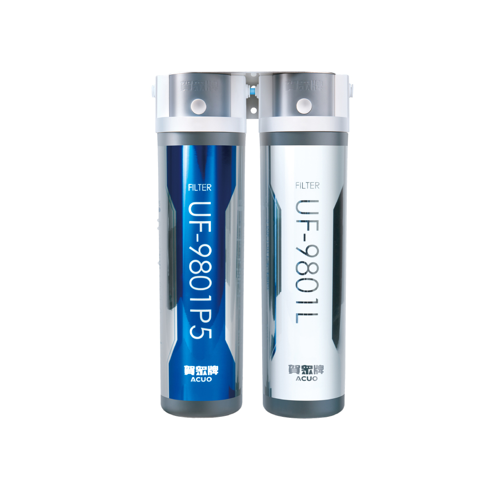 Two vertical water filter cartridges in blue and silver, connected side by side (informational product image).