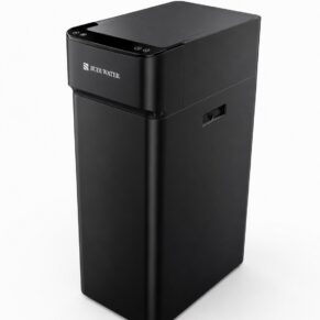 Tall black water purifier with a top-mounted lid and small control panel on the front edge, branded 'BUDI WATER'