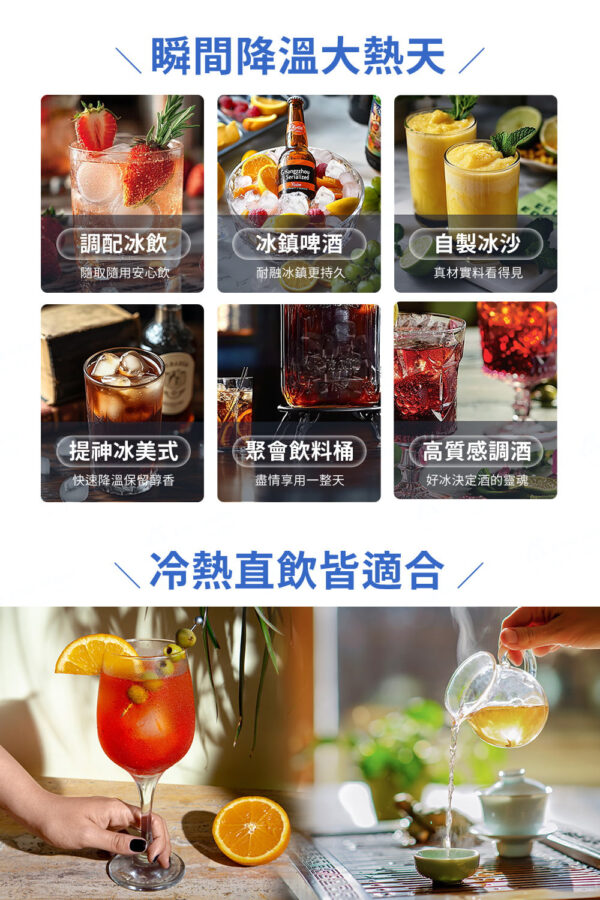 六格冷饮图集，包含混合冰饮、冰镇啤酒、自制冰沙等，搭配中文文字说明，顶部是“瞬間降温大热天”标语。],