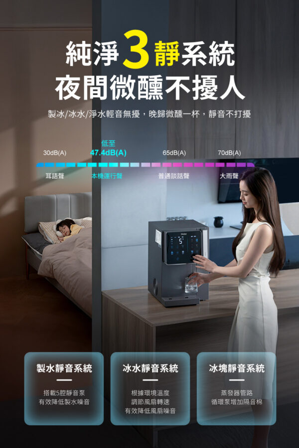 Poster advertising a three-mode silent water system; a woman uses a countertop machine in a modern kitchen while someone sleeps in a nearby room.