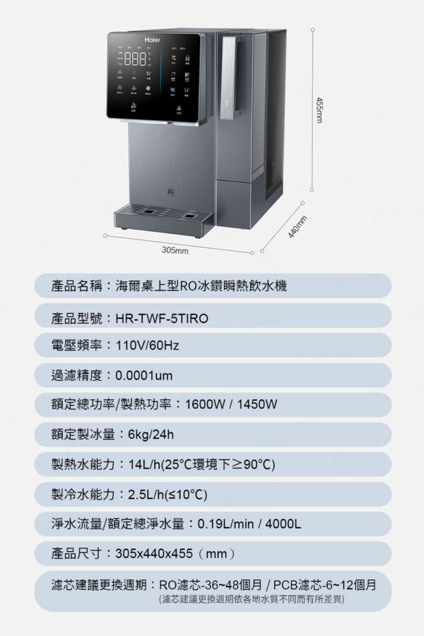 Haier RO water purifier with touchscreen; model HR-TWF-5TIRO. Dimensions 305×440×455 mm; 110V/60Hz, 1600W; filtration 0.0001 μm; cold/hot output 2.5/14 L/h.