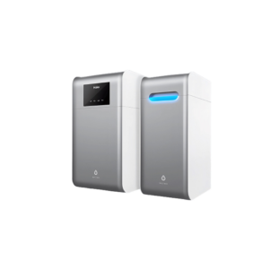 Two modern Haier water purifier units shown side by side; one has a touchscreen display, the other a blue indicator light.