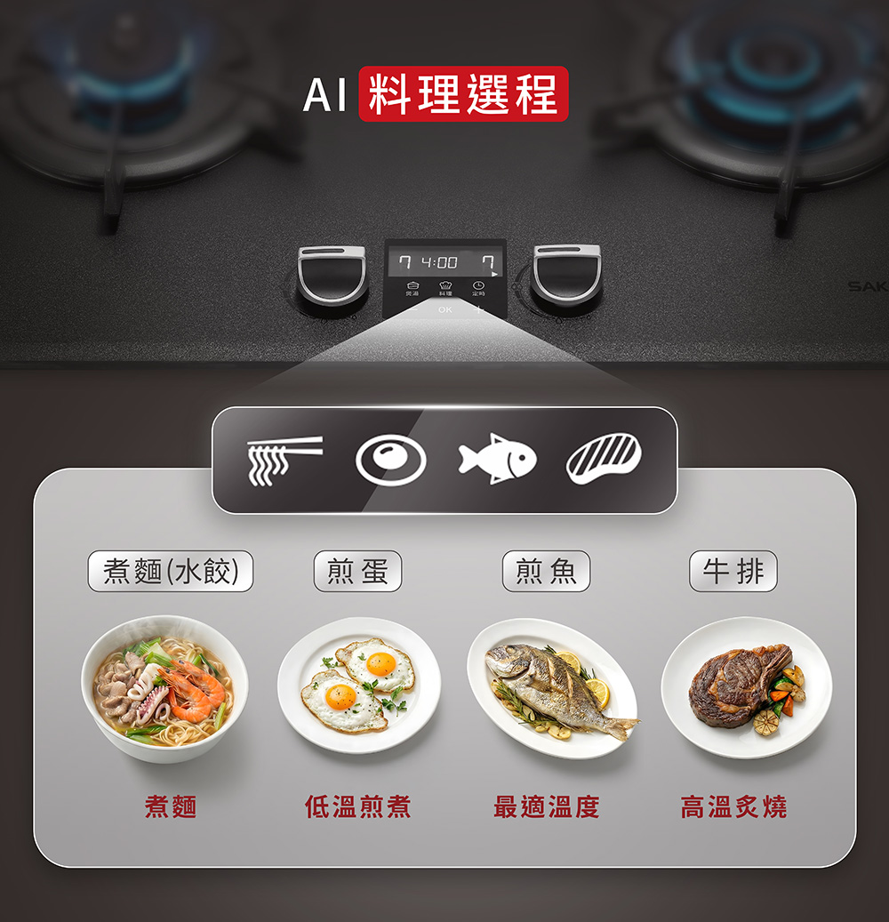 AI 菜單介面顯示四種烹飪模式：煮麵、低溫煎煮、最適溫度、高溫炙燒，配各菜肴圖示。