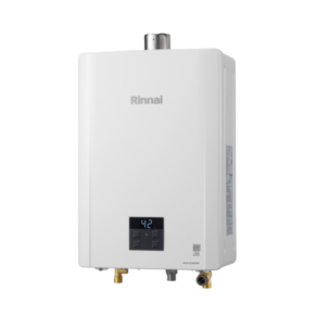 Rinnai white tankless water heater with a digital control panel displaying 42 on the screen (on-demand hot water unit).