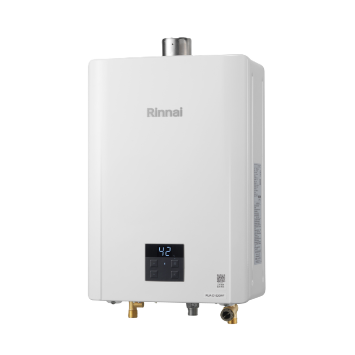Rinnai white tankless water heater with a digital control panel displaying 42 on the screen (on-demand hot water unit).