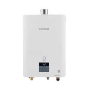 White Rinnai tankless gas water heater with a digital control panel showing '42' and a blue status light on the front; gas and water connections at the bottom.