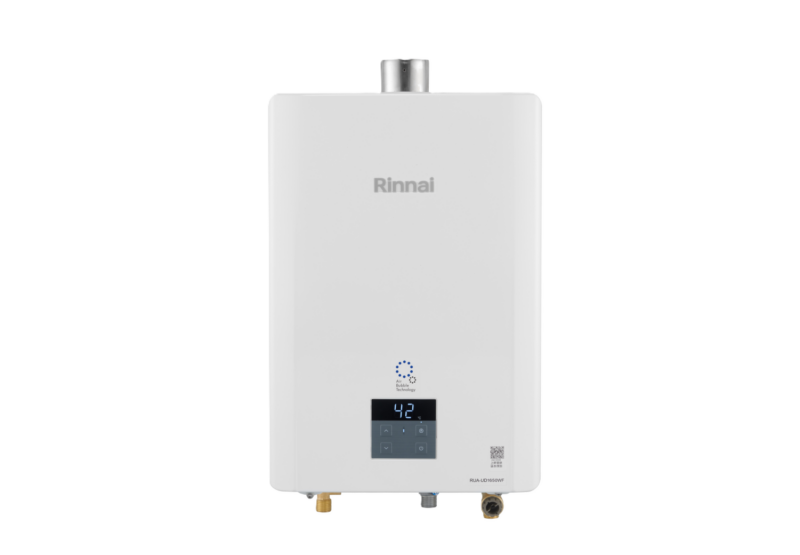 White Rinnai tankless gas water heater with a digital control panel showing '42' and a blue status light on the front; gas and water connections at the bottom.
