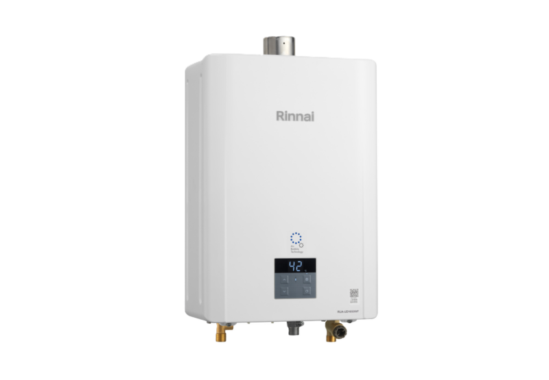 White Rinnai tankless water heater with a digital control panel displaying 42° and multiple two-button controls below the display (inlet/outlet connections visible)