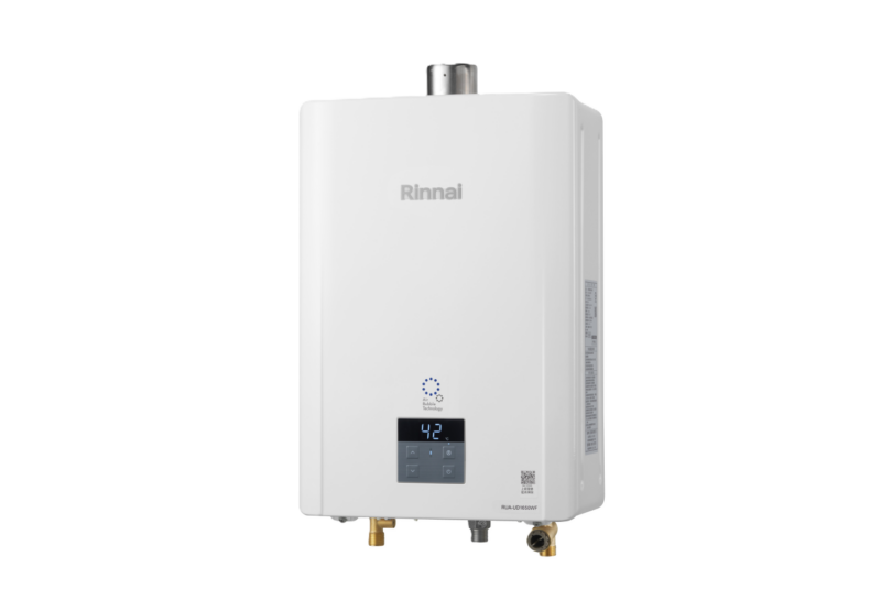 White Rinnai tankless water heater with a digital control panel showing 42 at the bottom center and two pipe fittings underneath
