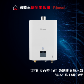 White Rinnai indoor gas water heater with a digital control panel, set against a dark blue pattern; model RU A-UD1650WF (16L).