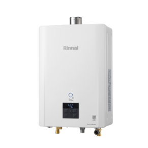 White Rinnai tankless gas water heater with digital control panel and bottom piping.