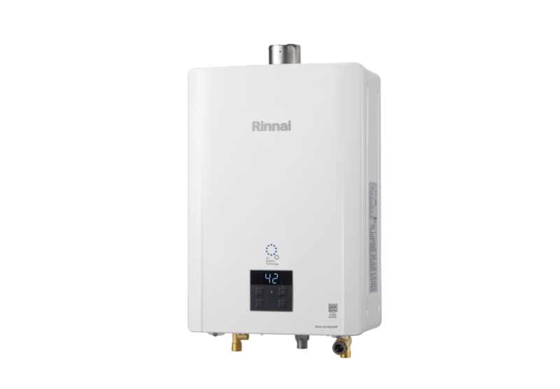 White Rinnai tankless gas water heater with digital control panel and bottom piping.