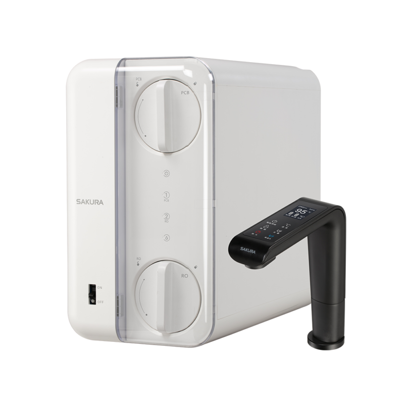 White home water distiller with a clear front panel featuring two large circular knobs and a separate black faucet with a digital display.