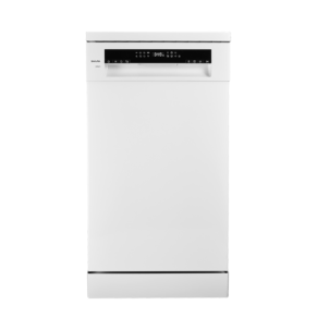 White freestanding dishwasher with a black digital control panel along the top front surface.
