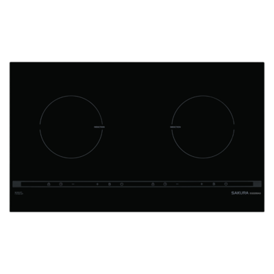 Black induction cooktop with two circular cooking zones and a linear touch control panel along the front.