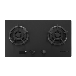 Two-burner gas cooktop with a dark matte finish and front control knobs (left and right) and a small digital display area on the lower left.