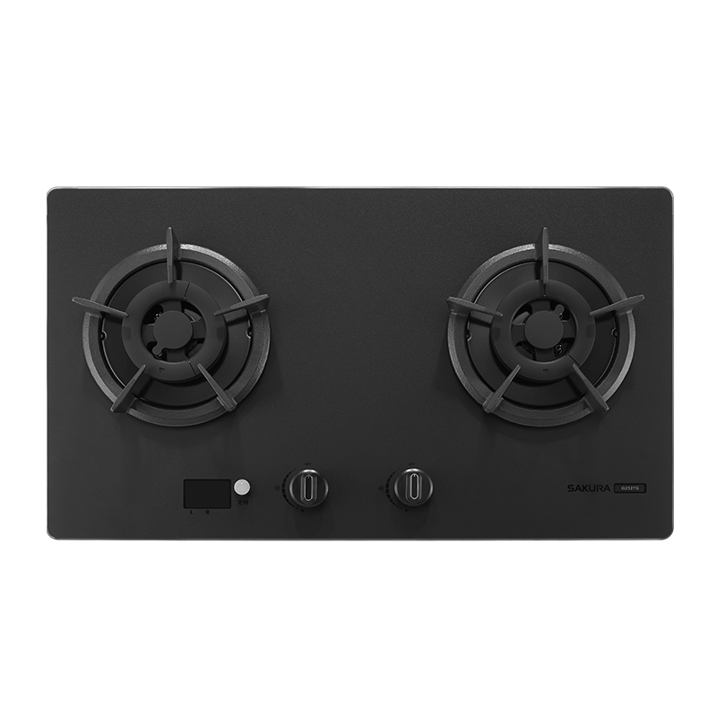 Two-burner gas cooktop with a dark matte finish and front control knobs (left and right) and a small digital display area on the lower left.