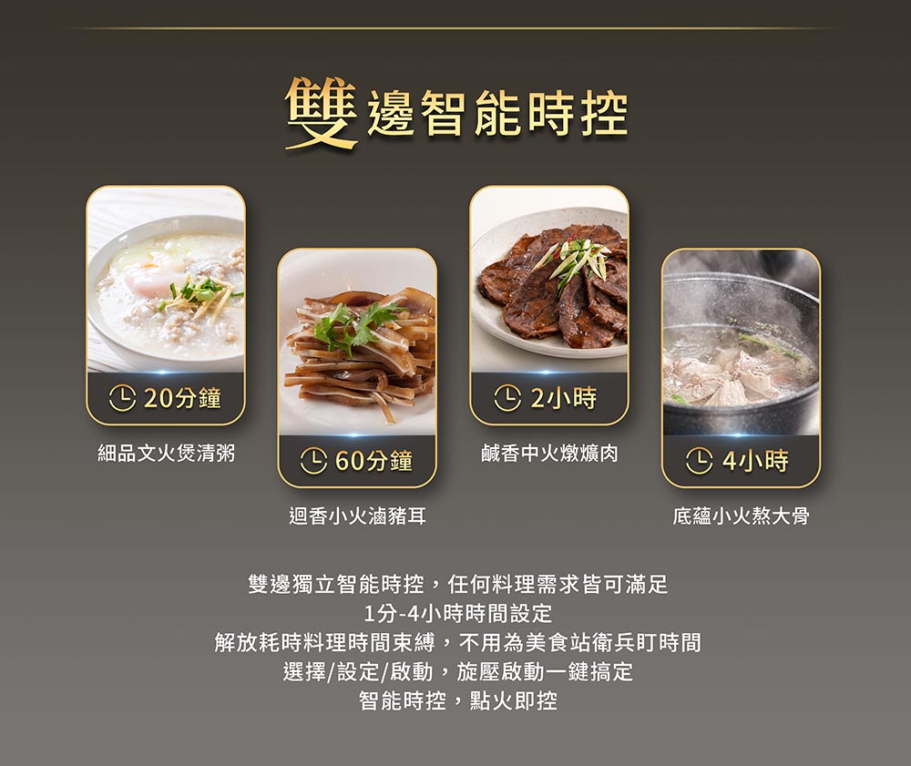 Dual-sided smart timer advertisement with four cooking presets: 20, 60, 2, and 4 hours for different dishes.