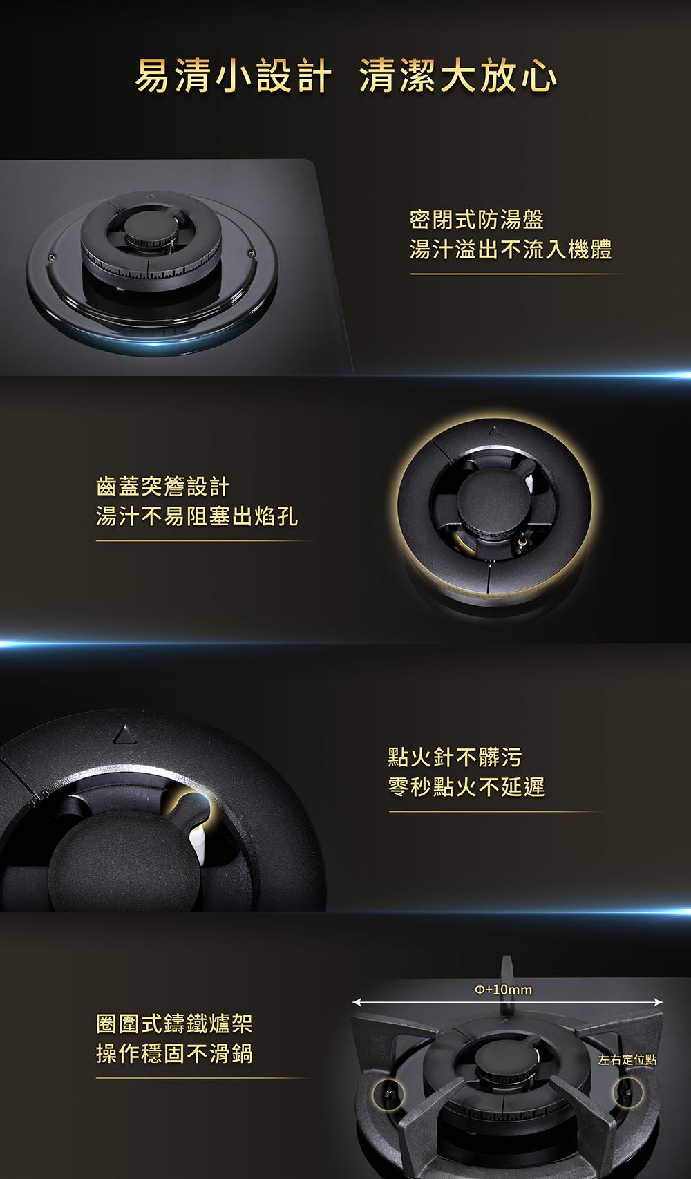 Gas stove features collage: sealed burner, spill-proof design, ignition details, and sturdy cast-iron pan support.