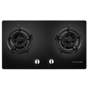 Double-burner gas hob on a black glass surface with two central control knobs and silver trim.