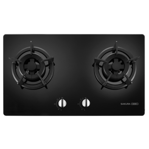 Double-burner gas hob on a black glass surface with two central control knobs and silver trim.