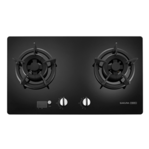 Black double-burner gas cooktop with two front-center controls and a small display panel; Sakura brand visible on the right.