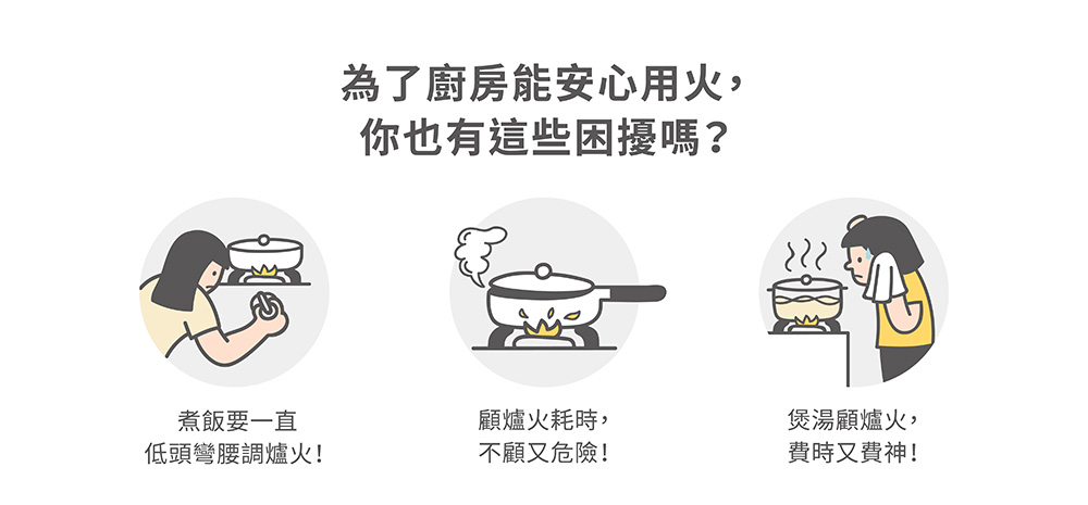 Infographic about kitchen fire safety showing three tips: keep pot handles inward, never leave the stove unattended, and avoid rushing when boiling soup or soup time on the stove.
