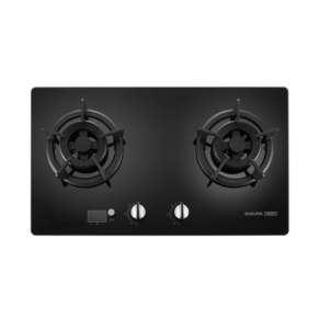 Black two-burner gas stove top with two control knobs in the center, labeled Sakura, set on a dark countertop edge.