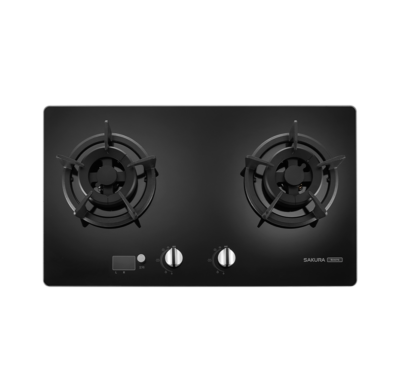 Black two-burner gas stove top with two control knobs in the center, labeled Sakura, set on a dark countertop edge.